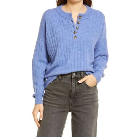 NEW Madewell Donegal bowden Henley Sweater in Coziest Yarn, blue, 4X - Picture 4 of 16